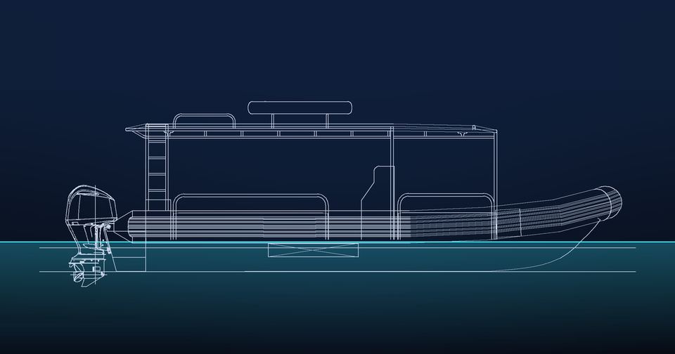 Side profile drawing of our new 20-passenger raft on the water